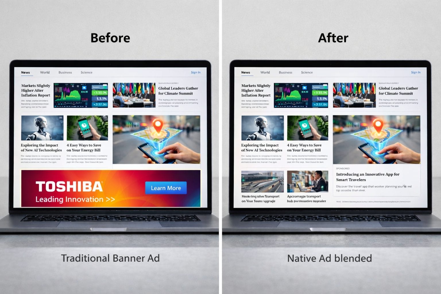 Native Ads On your site Before and After example