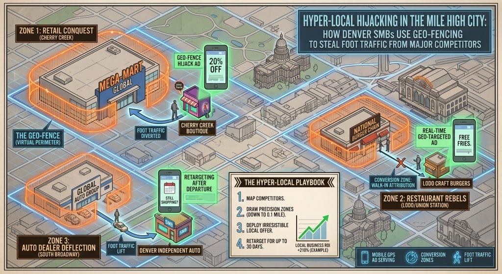 Hyper-Local Hijacking in the Mile High City (Colorado): How Denver SMBs use geo-fencing to steal foot traffic from major competitors.