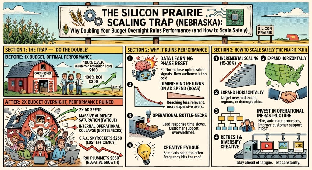 The Silicon Prairie Scaling Trap (Nebraska): Why doubling your budget overnight ruins performance (and how to scale safely).