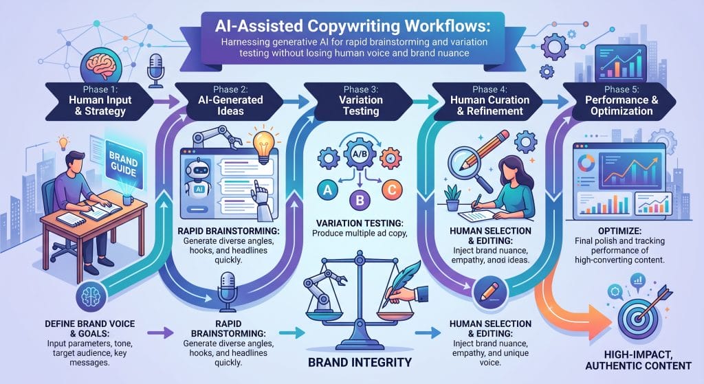 AI-Assisted Copywriting Workflows: Harnessing generative AI for rapid brainstorming and variation testing without losing human voice and brand nuance.